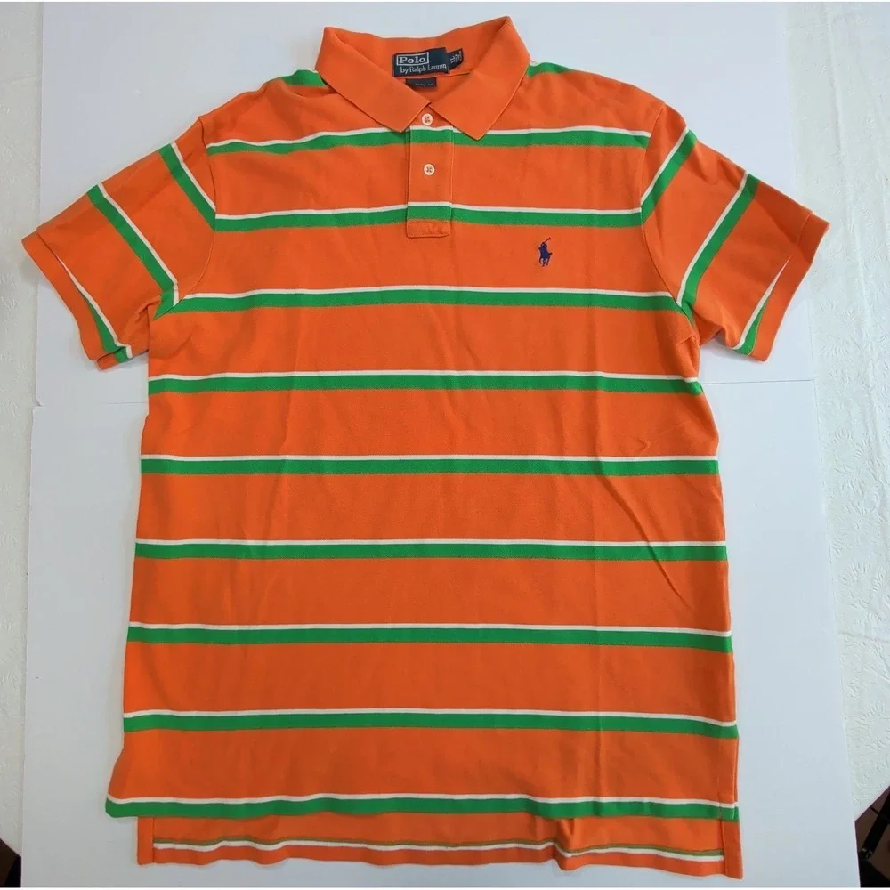 Vintage Ralph Lauren Polo Shirt Mens XL Orange Green Striped Custom Fit Preppy